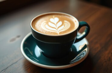 Hot coffee cappuccino cup on wooden table. Latte art design. Morning caffeine drink in cafe or restaurant. Espresso beverage on saucer. Coffee break. Cozy atmosphere. Restaurant food.
