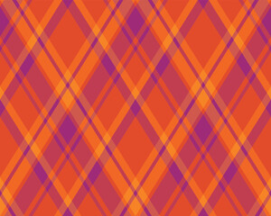 Fototapeta premium Vibrant diagonal plaid pattern in sunset orange and purple hues. Perfect for autumnal designs, fall fashion, textile prints, or festive backgrounds.