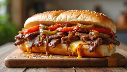 Delicious steak sandwich with cheese, colorful peppers on wooden board. Appetizing meal concept. Classic American cuisine, perfect lunch or dinner choice. Food photography for menu or restaurant ads.