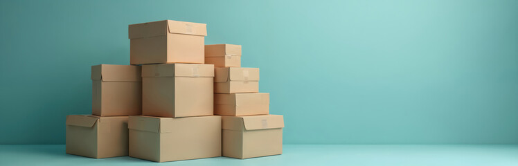 Stack of cardboard boxes against light blue background. E-commerce delivery concept. Retail industry merchandise package shipping boxes. Cardboard boxes in a warehouse or store.