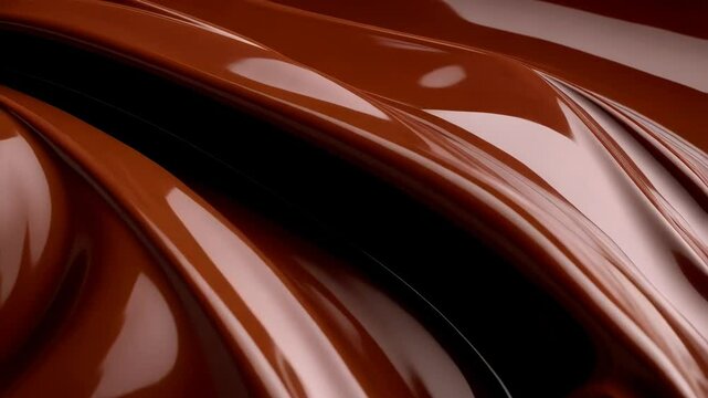 Smooth chocolate swirl, rich brown texture with gloss highlights creating abstract fluid design, delicious melt flowing pattern, shiny background