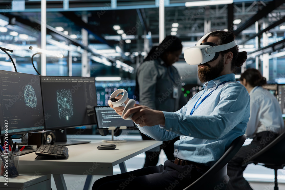 Poster software developer using vr headset tech to oversee server cabinets doing data intensive operations.