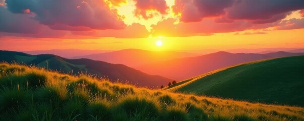 Golden hour sunset over grassy hills Vector graphic wallpaper , outdoor, tranquil
