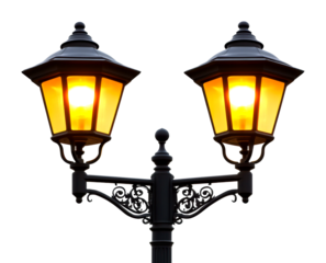 Illuminated street lanterns at dusk urban environment architectural detail close-up cut out on transparent background
