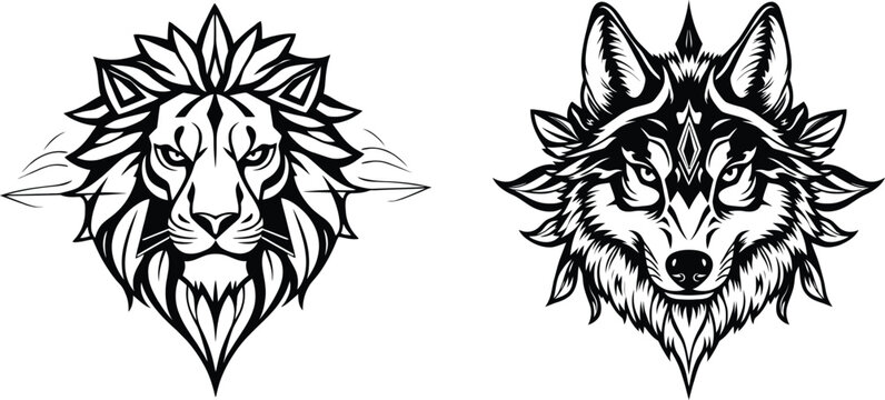 Minimalist geometric lion head silhouette neotraditional tattoo design isolated on white background