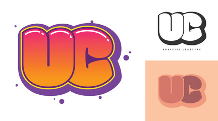 UC logo design for festival or party. Initial letter u and c in graffiti style. Creative modern lettering company name of font typography. Kids trendy logotype or identity.