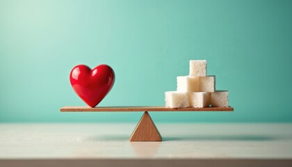 Diabetes awareness concept. Healthy red heart balances sugar cubes on scale. Symbolic representation of health and blood sugar control. Healthcare, prevention of sugar disease.