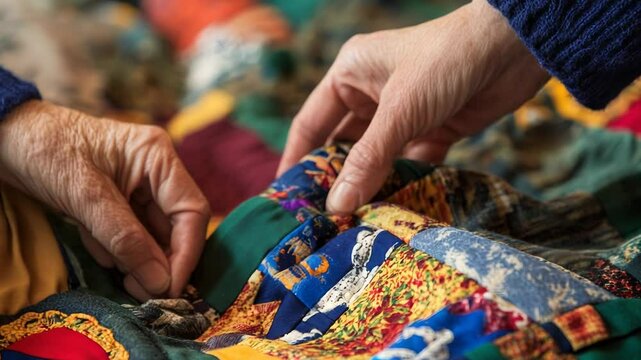 A close-up of hands gently arranging colorful patches on a quilt, showcasing the artistry and craftsmanship of textile work, and the emotional connection between maker and creation