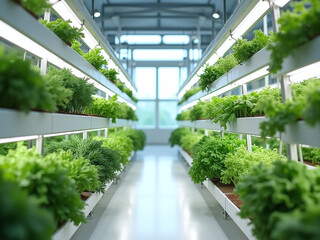 Vertical farm inside a modern greenhouse, vegetables growing on LED-lit shelves