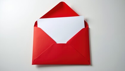 Red envelope with white card. Valentine day postcard template. Greeting card open, blank space for text, message, information, invitation. Love, romance, celebration, holiday concept.