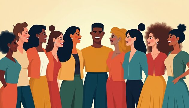 Illustration shows diverse group people stand together. Teamwork, inclusion, equality concepts. Represents unity, cooperation, community, support at work. Happy people, different ethnic backgrounds,