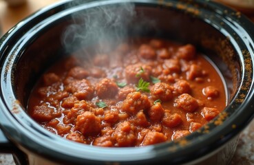 Bolognese sauce simmering in a slow cooker. Mince meat with tomato sauce. Classic Italian cuisine. Steaming hot, ready-to-eat dinner. Homemade food, prepared in kitchen.