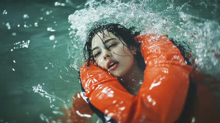 Woman in red life jacket struggles in water, highlighting the importance of safety measures while swimming