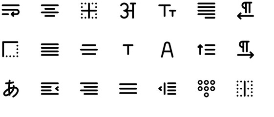 Black and white vector of Indian script font with letters, symbols, and marks arranged in rows, spaced to highlight individual forms on white background.