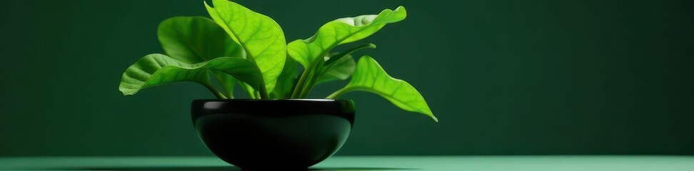 Sleek black pot, vibrant green Monstera deliciosa , foliage, black