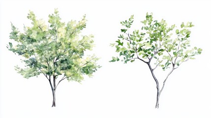 Watercolor painting of two trees, one full, one sparse, on white background.