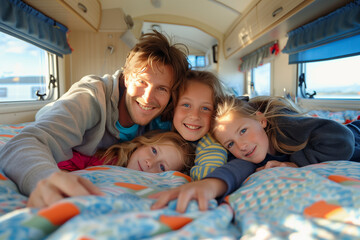 Family inside a caravan during a vacation trip, sharing joyful moments together with copy-space
