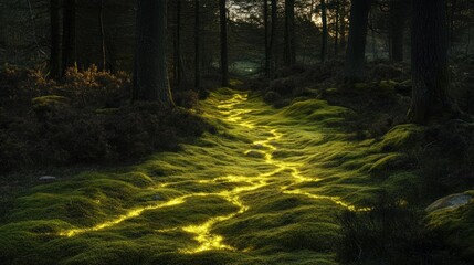 Fototapeta premium Mystical forest path illuminated with glowing moss, a magical woodland scene