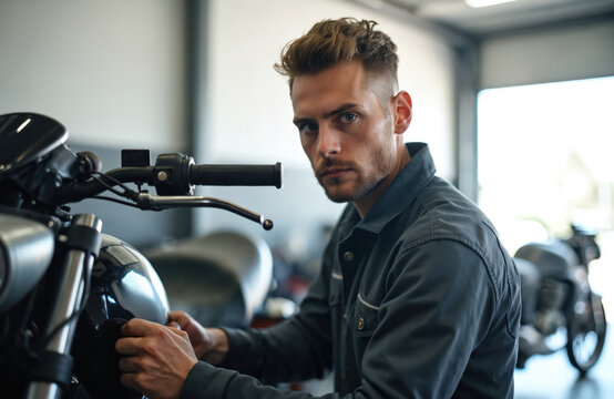 Young mechanic repairs motorcycle in garage. Man fixes motorbike engine, working with tools, looking at camera. Service, maintenance, pro repair, bike repair shop.
