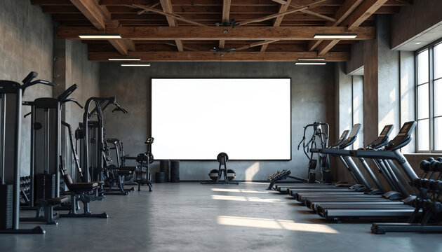 Modern gym mockup interior, with blank billboard for advertising branding. Fitness equipment treadmill, weights, training machines. Concrete loft design, wooden beams. Health, wellness, sport,