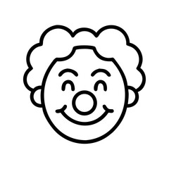 Smiling clown face illustration with curly hair and red nose  