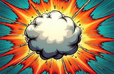 Dynamic illustration explosive cloud radiating outward with vibrant colours. Dramatic burst resembles comic book art style visual effects. Intense scene, artistic action, dynamic energy, optical