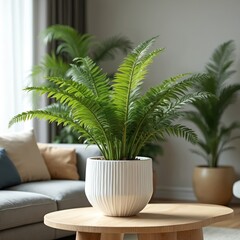 Obraz premium Birds nest fern plant in modern home interior. Houseplant in white pot on wooden table, minimalist living room decor with green plants. Indoor Asplenium nidus, natural home design. Modern interior