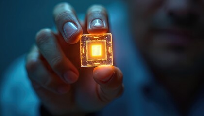 Man holds glowing transparent chip implant. Innovative concept of future tech, data processing, high tech. Digital device, modern biomedical design, advanced medicine, innovation.