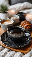 Fototapeta premium Cozy morning scene featuring coffee and pastry on a wooden tray, creating a sense of comfort and warmth
