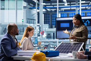Factory manager presents business operations data and growth strategies to shareholders, discussing...
