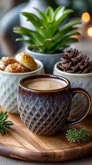 Cozy still life with a cup of coffee, cookies, succulent plant, and pine cone