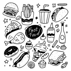 Fast food vector set illustration. Junk food in doodle style