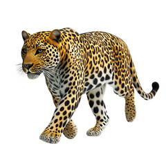 Obraz premium Side view of a leopard walking stealthily, isolated on a white background, highlighting its muscular body, spotted coat, and focused expression, representing agility, power, and grace in the wild.