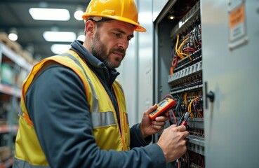 Male electrician worker checking electrical system in factory workshop. Man uses multimeter to repair maintenance operation electric equipment. Safety helmet, high-visibility vest, gloves.
