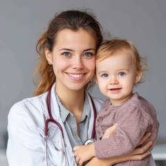 Smiling pediatrician holding a toddler. Both are looking at the camera. The doctor is wearing a white coat with a stethoscope. The toddler is wearing a mauve sweater.