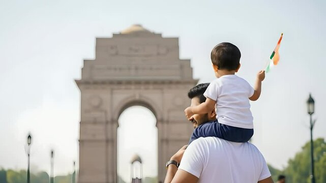 Indian Independence Day: Father carries child with India flag near India Gate, Delhi. Family celebrate freedom, patriotism, unity. Use for tourism, culture, travel ads.