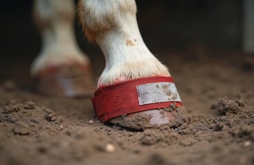 Fototapeta premium Horse foot with mud, dressed with red bandage. Animal health, medical treatment. Mud foot or pastern dermatitis. Equine health problem, veterinary, medicine. Skin disease. Spring season at farm.