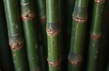 Fototapeta premium Close-up view of green bamboo stalks. Natural texture, structural detail. Bamboo stems background. Fresh green bamboo stems. Asian, tropical, eco-friendly design. Health, wellness, zen concepts, eco