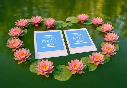 2 Polaroid Photos Mockup Floating In Heart Of Lotus Flowers On Green Pond