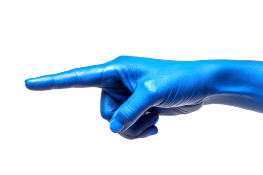 Dynamic blue gesture pointing towards success in an abstract studio setting isolated on transparent background