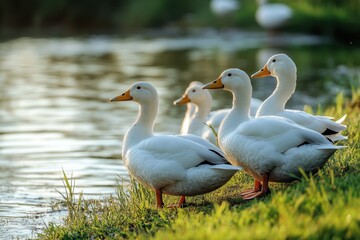 A group of white ducks standing on the grass near the water Generative AI