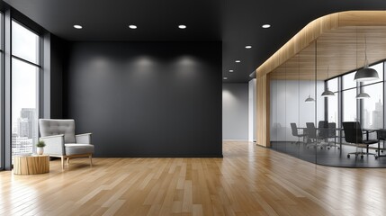 Modern office interior design featuring large windows and wooden accents