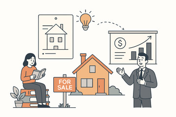 Real estate investment education concept. Agent presents market growth chart to buyer. Woman studies for home ownership. House for sale. Financial literacy for property mortgage.