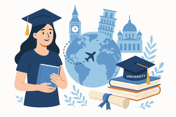 Study abroad program concept with a female student. Global education and travel for university. International learning opportunities with landmarks, globe, and graduation cap vector.