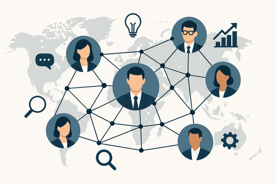 Global business network vector. People connection for teamwork, communication, and corporate collaboration. International social network on world map background with business icons.
