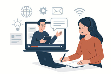 Online learning concept. Student watching webinar on laptop computer. Woman with headphones taking notes during virtual class with teacher. E-learning and distance education vector.