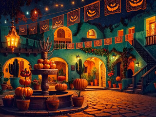 Mexican style courtyard decorated for Halloween with pumpkins and Papel picado (cut paper decorations) ion a bright clear evening