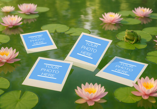 4 Polaroid Photos Mockup Floating In Lily Pond With Frog And Flowers