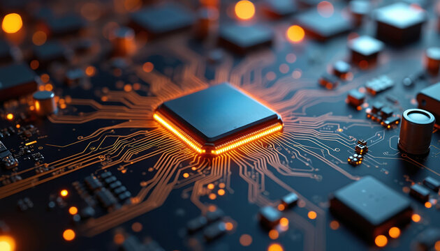 Microscopic view of processor chip. Glowing circuits, components on dark background. Tech, innovation, data processing, AI concept. Electronic hardware, semiconductor, computing, microelectronics.