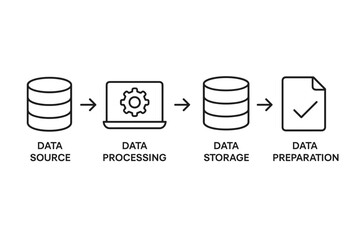 Data processing pipeline vector infographic. Diagram with line icons showing data source, processing, storage, and preparation steps. Big data analysis workflow, ETL process concept.